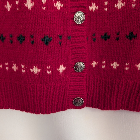Vintage Eddie Bauer Wool Red Green Reindeer Fair Isle Knit Cardigan Sweater - S - Picture 7 of 16
